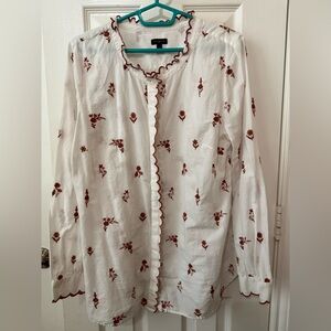 Talbots white/ rose floral button down embroidered top L
